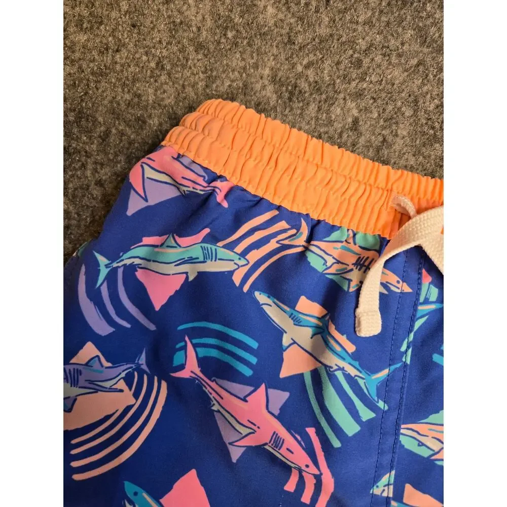 Chubbies Boys Size 5 Shark Print Swim Trunks Blue Orange Lined Board Shorts